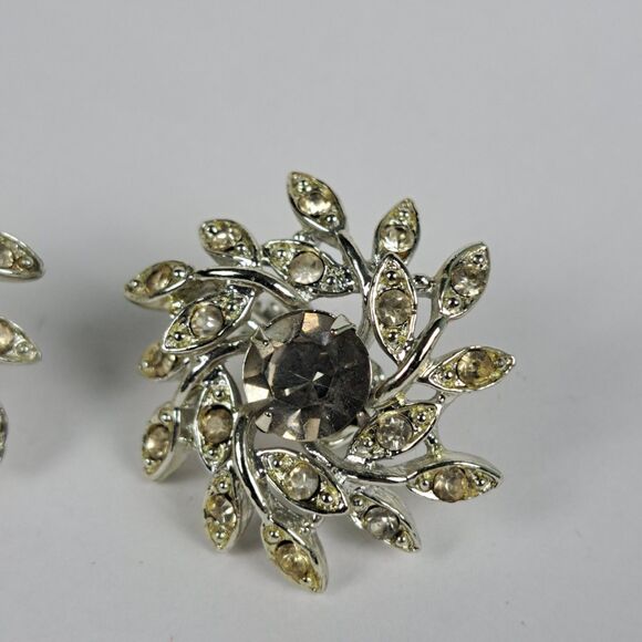 Vintage Sarah Coventry Clip On Earrings Silver Tone Smoky Rhinestone - Picture 2 of 9